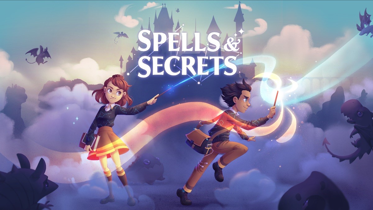 dois personagens de jogo realizando magia pelas varinhas, ao fundo uma escola feita em um castelo e o título spells & secrets