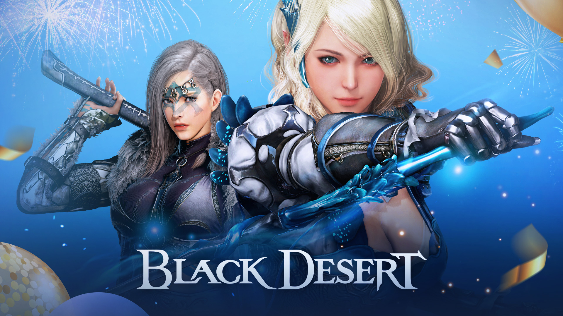 poster do mmorpg da pearl abyss, black desert. com duas personagens em posição de batalha
